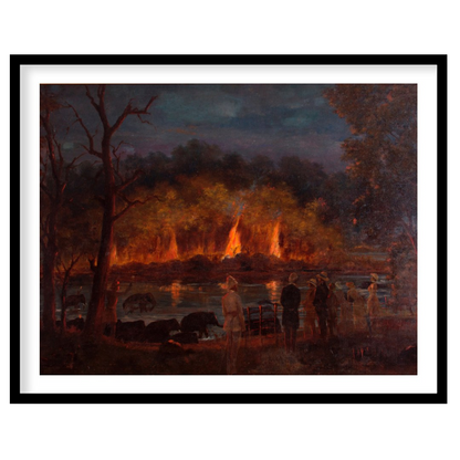 Immerse yourself in the captivating drama of this artwork, where fiery hues illuminate a tranquil for sanctuary