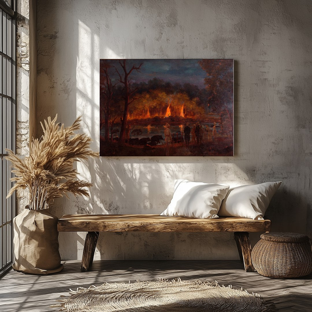 Immerse yourself in the captivating drama of this artwork, where fiery hues illuminate a tranquil for Veranda