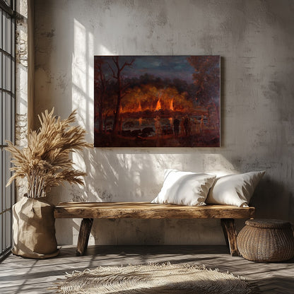Immerse yourself in the captivating drama of this artwork, where fiery hues illuminate a tranquil for Veranda