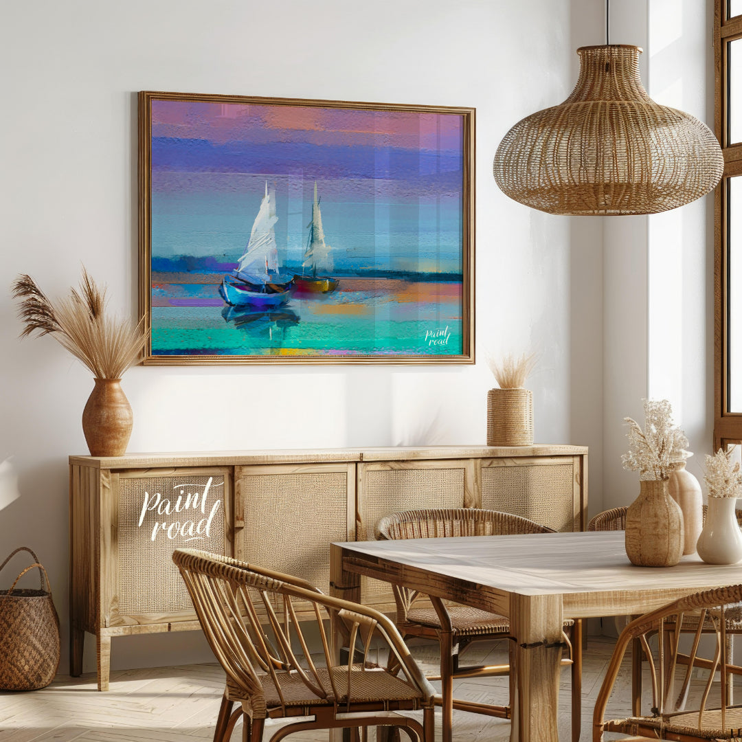 This painting captures two sailboats at twilight, rendered in a soft, impressionistic style with a … for dining room