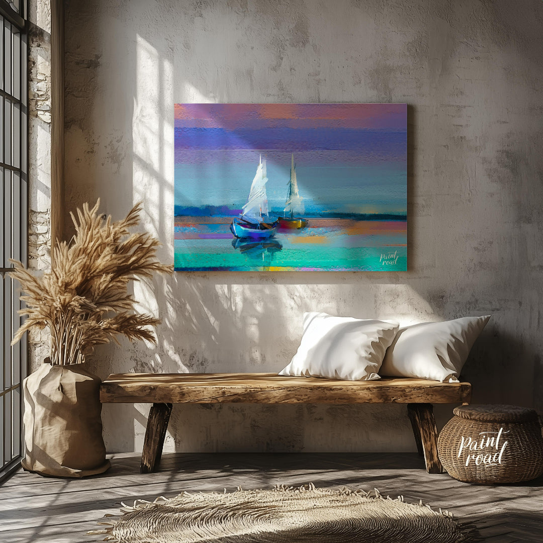 This painting captures two sailboats at twilight, rendered in a soft, impressionistic style with a … for entryway