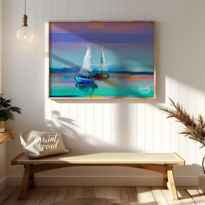 This painting captures two sailboats at twilight, rendered in a soft, impressionistic style with a … for hallway