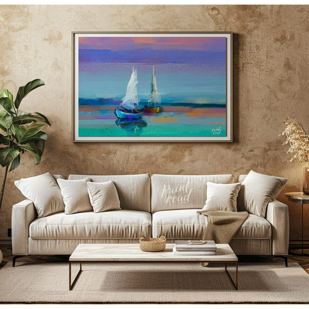This painting captures two sailboats at twilight, rendered in a soft, impressionistic style with a … for living room