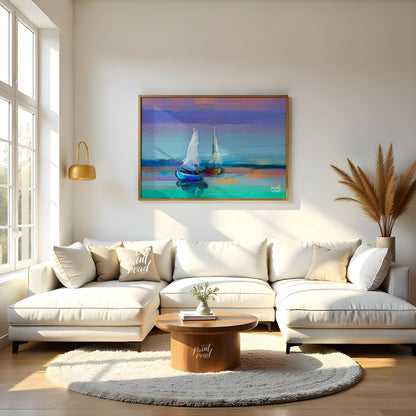 This painting captures two sailboats at twilight, rendered in a soft, impressionistic style with a … for living room
