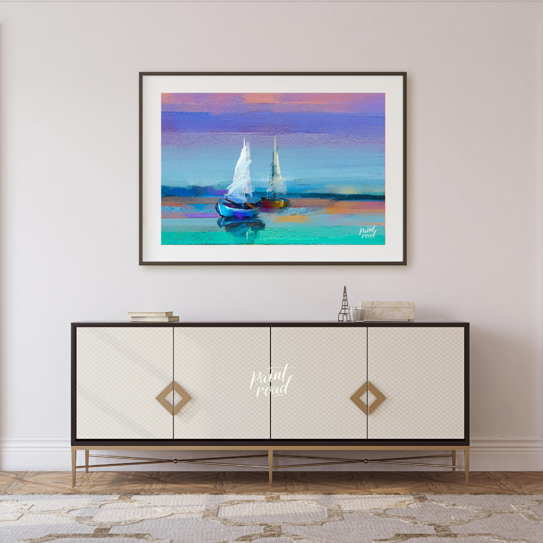 This painting captures two sailboats at twilight, rendered in a soft, impressionistic style with a … for living room