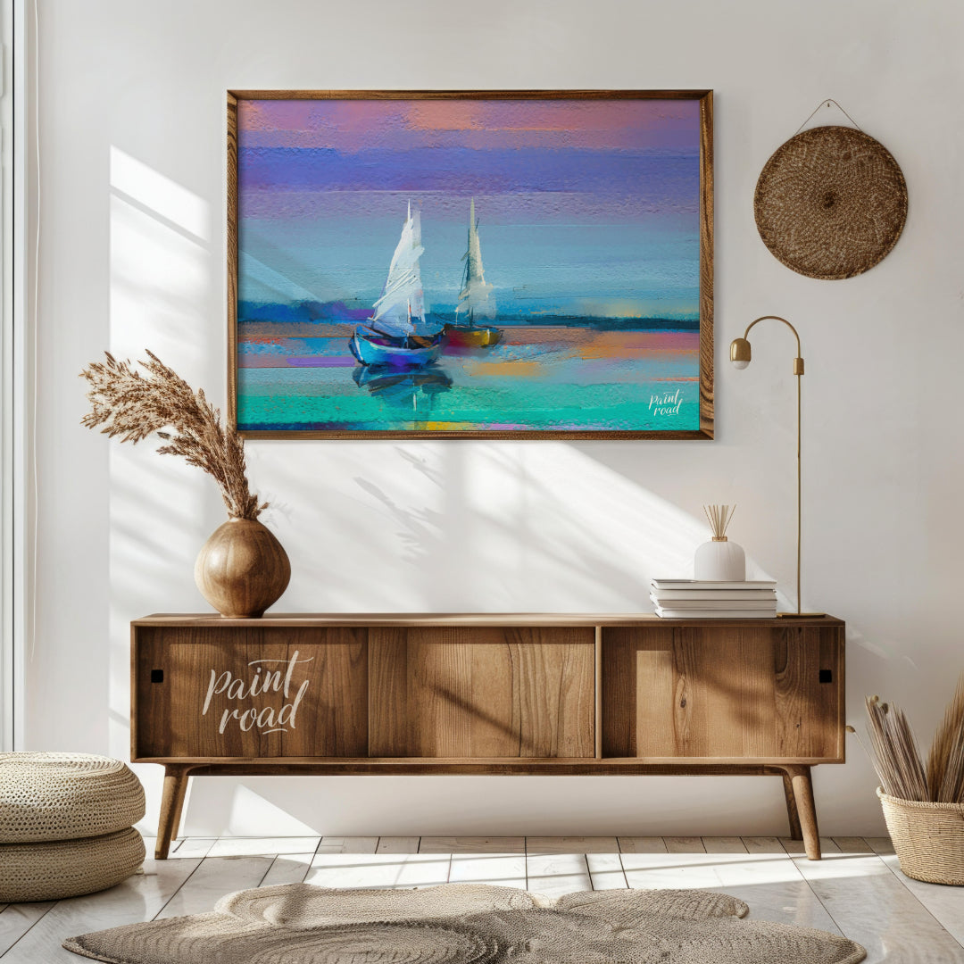 This painting captures two sailboats at twilight, rendered in a soft, impressionistic style with a … for living room