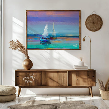 This painting captures two sailboats at twilight, rendered in a soft, impressionistic style with a … for living room