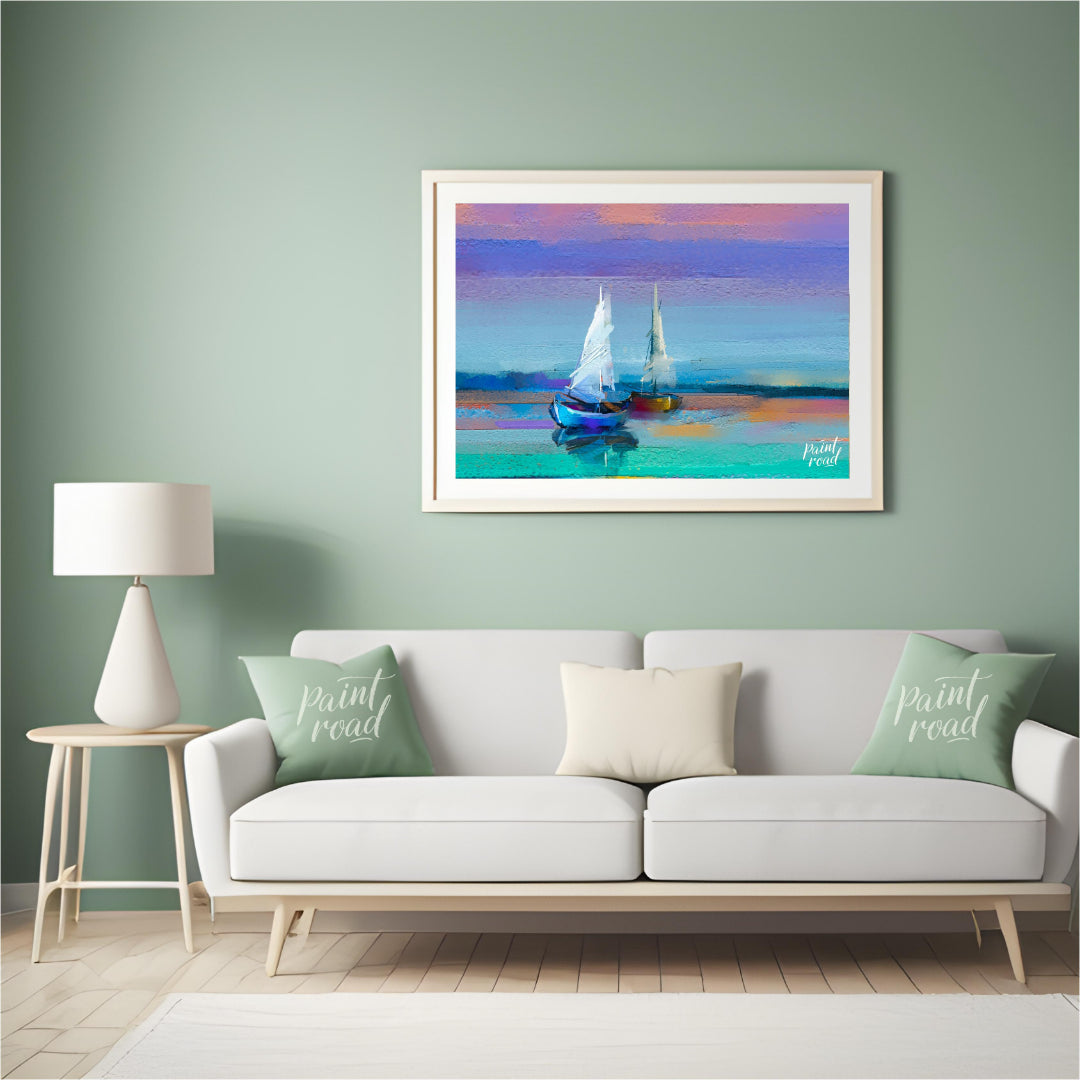 This painting captures two sailboats at twilight, rendered in a soft, impressionistic style with a … for living room