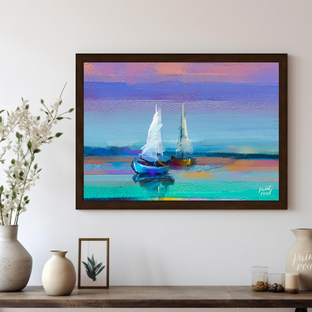 This painting captures two sailboats at twilight, rendered in a soft, impressionistic style with a … for living room