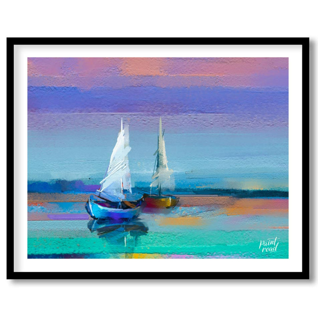 This painting captures two sailboats at twilight, rendered in a soft, impressionistic style with a … for sweet home