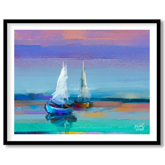 This painting captures two sailboats at twilight, rendered in a soft, impressionistic style with a … for sweet home