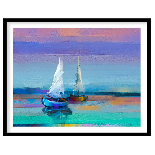 This painting captures two sailboats at twilight, rendered in a soft, impressionistic style with a … for sweet home