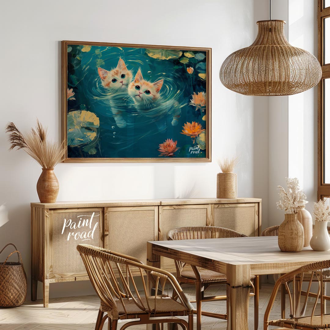 This enchanting oil painting showcases two adorable ginger and white kittens with striking blue-gre… for dining room