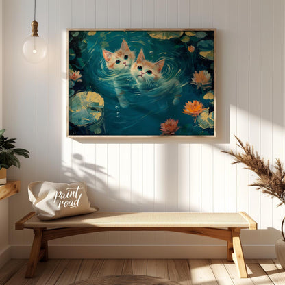 This enchanting oil painting showcases two adorable ginger and white kittens with striking blue-gre… for entryway