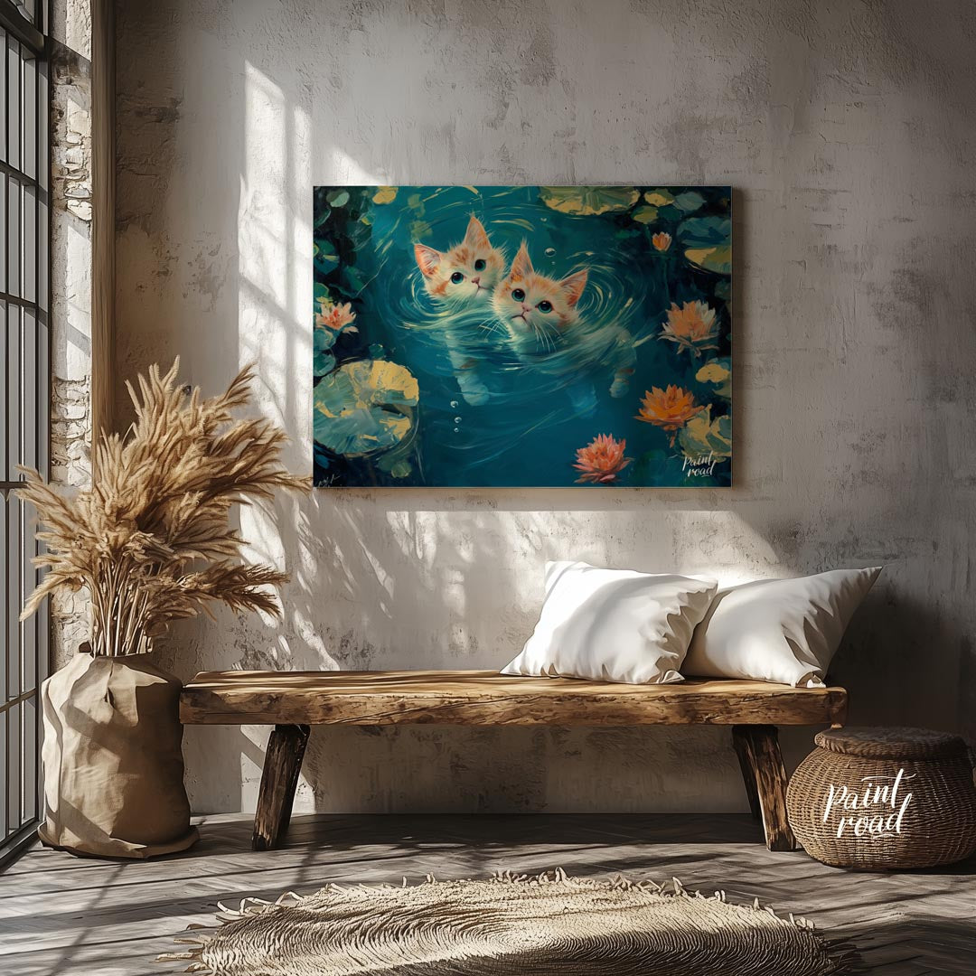 This enchanting oil painting showcases two adorable ginger and white kittens with striking blue-gre… for entryway