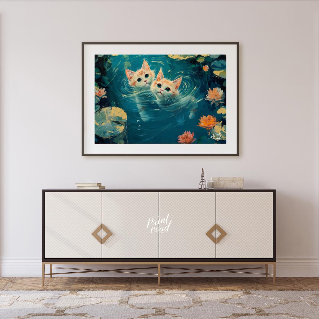 This enchanting oil painting showcases two adorable ginger and white kittens with striking blue-gre… for living room