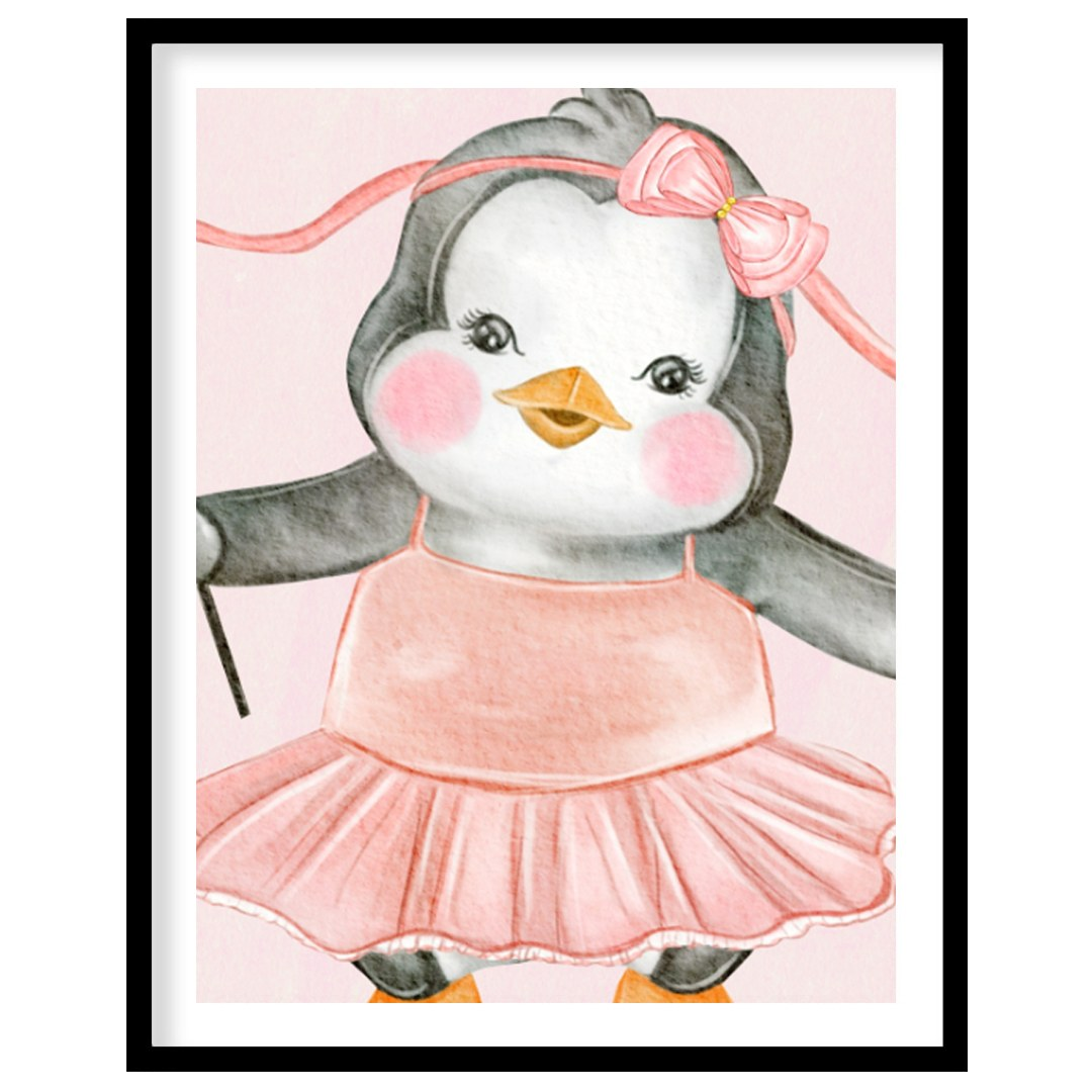 This delightful watercolor artwork features a joyful penguin twirling gracefully in a pink ballerin… for area