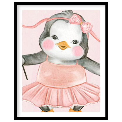 This delightful watercolor artwork features a joyful penguin twirling gracefully in a pink ballerin… for area
