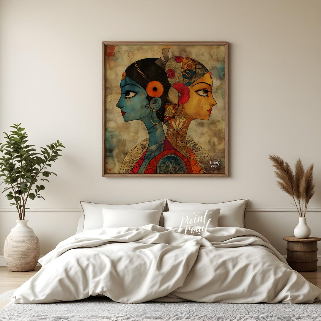 Two Worlds Within" presents a striking image of duality, with two profiles, one cool blue, the othe… for bedroom