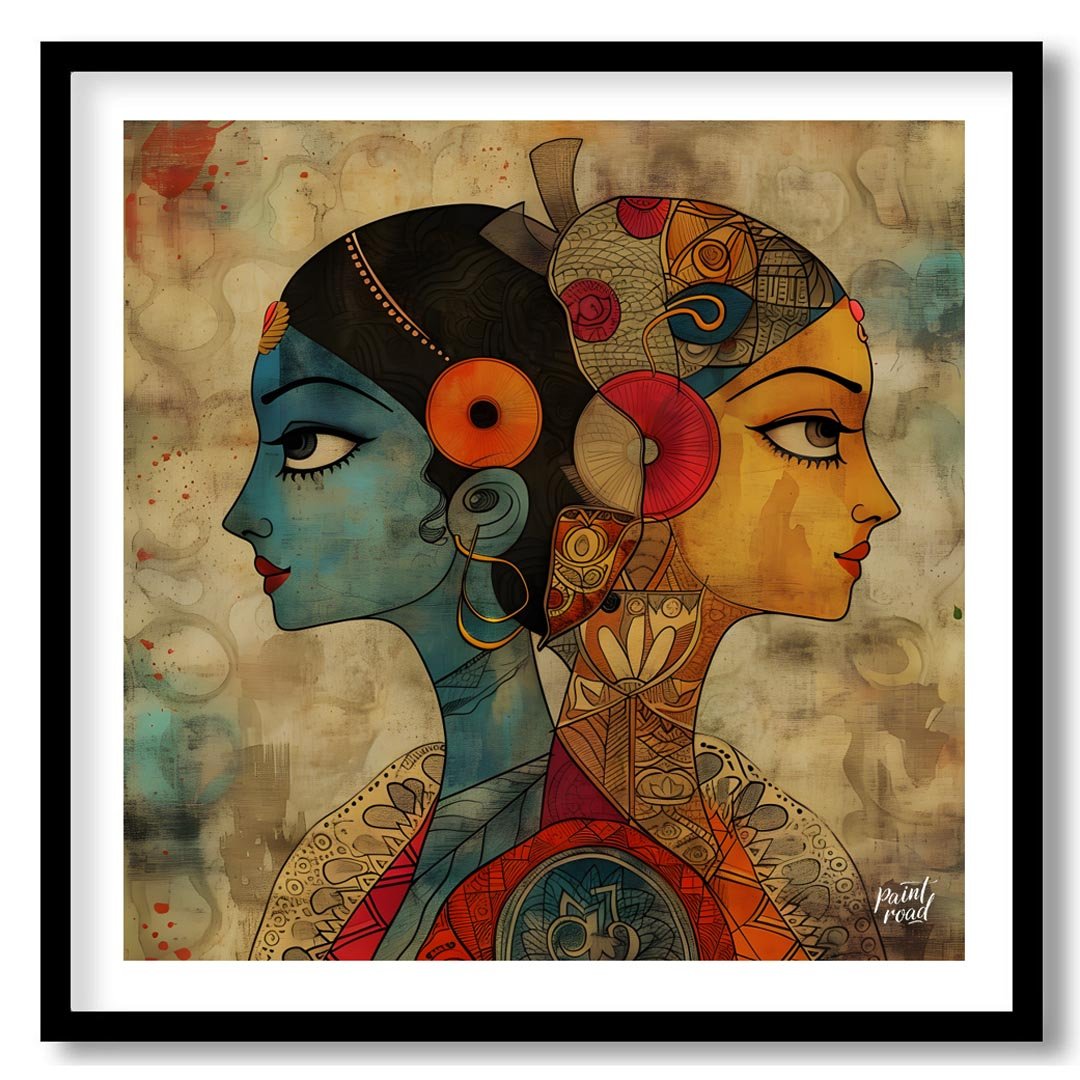 Two Worlds Within" presents a striking image of duality, with two profiles, one cool blue, the othe… for house