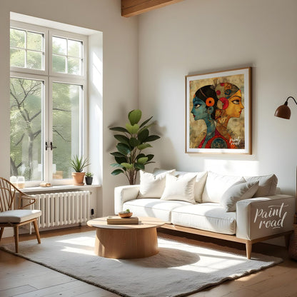 Two Worlds Within" presents a striking image of duality, with two profiles, one cool blue, the othe… for living room
