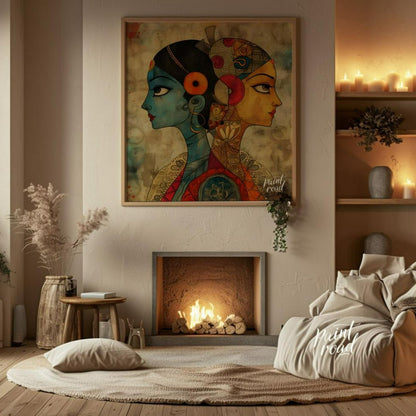 Two Worlds Within" presents a striking image of duality, with two profiles, one cool blue, the othe… for living room
