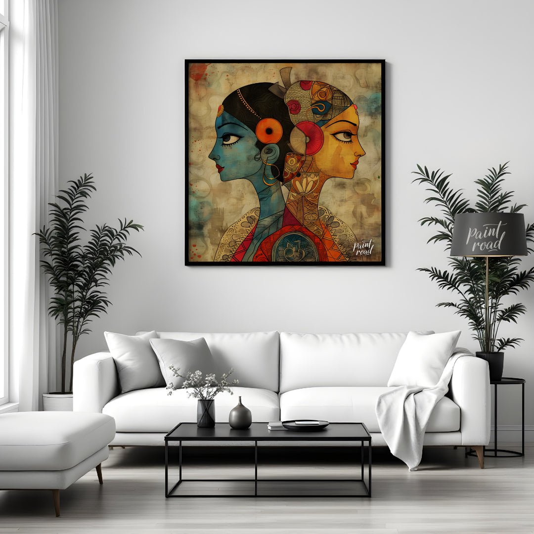 Two Worlds Within" presents a striking image of duality, with two profiles, one cool blue, the othe… for living room