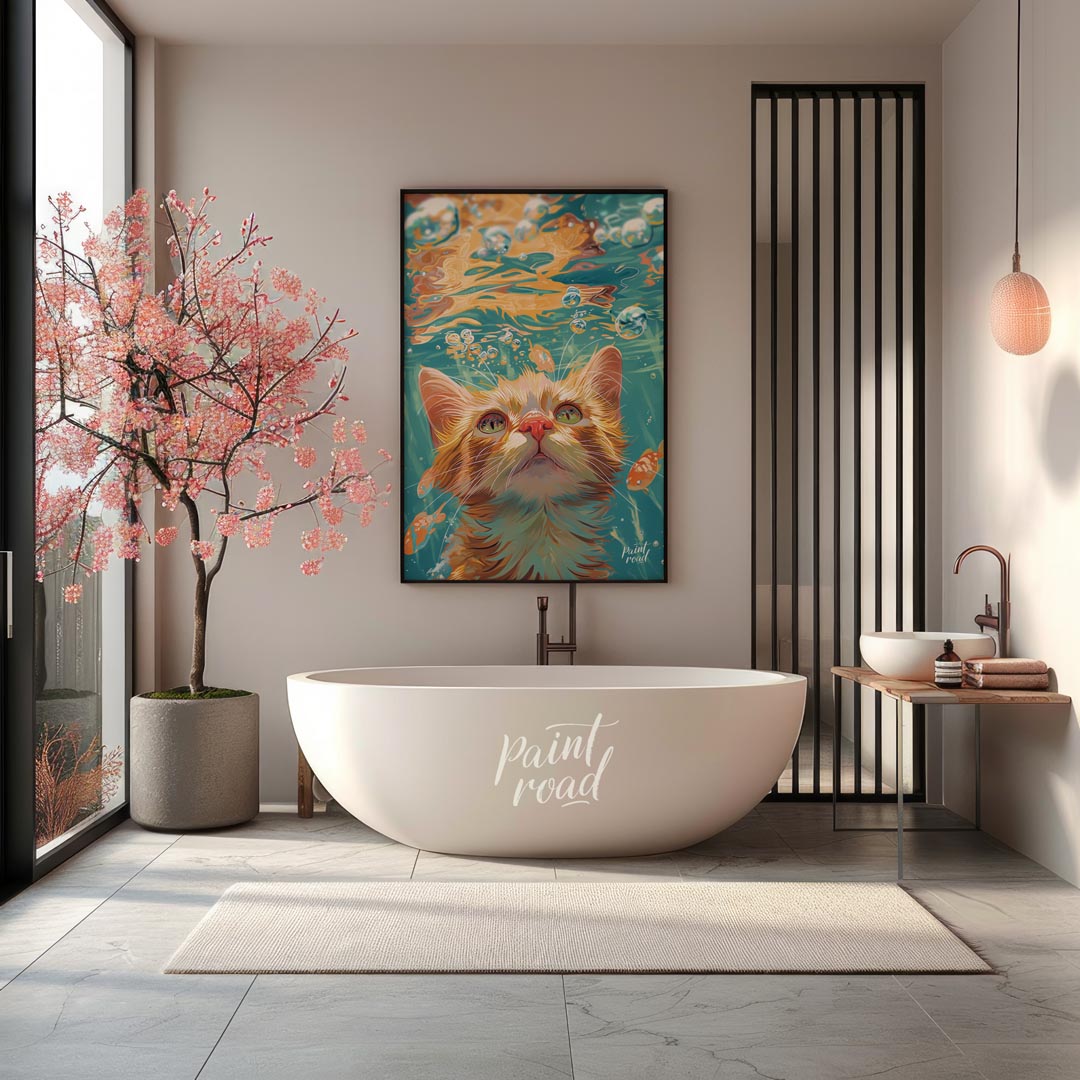 This captivating digital painting presents a unique perspective of a ginger cat looking upwards fro… for bathroom