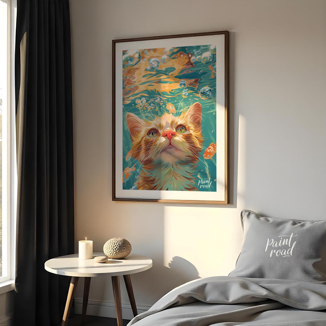This captivating digital painting presents a unique perspective of a ginger cat looking upwards fro… for bedroom