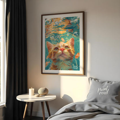 This captivating digital painting presents a unique perspective of a ginger cat looking upwards fro… for bedroom