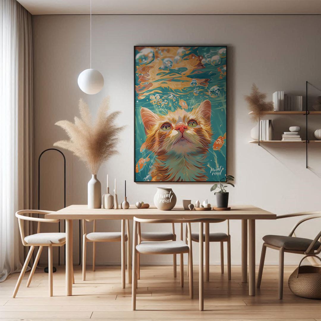 This captivating digital painting presents a unique perspective of a ginger cat looking upwards fro… for dining room