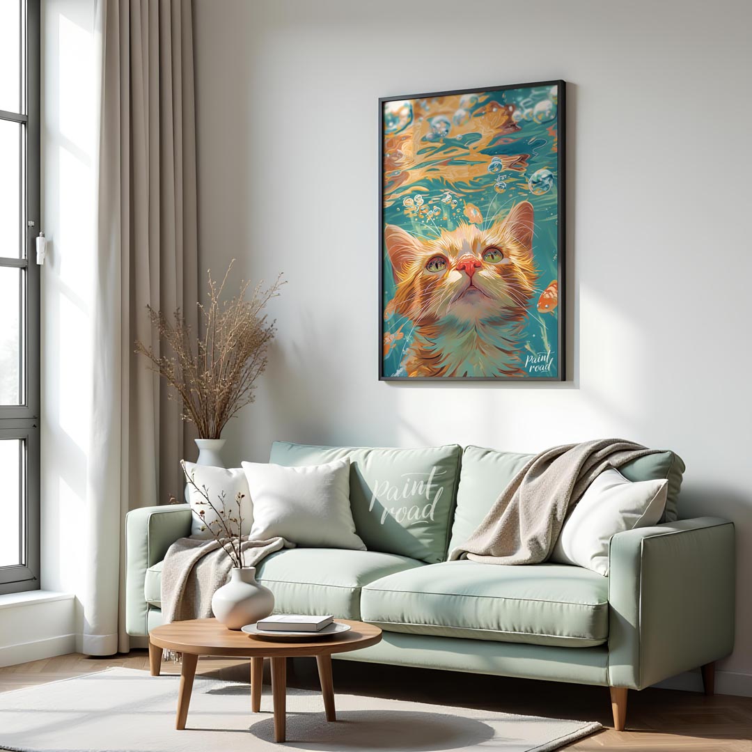 This captivating digital painting presents a unique perspective of a ginger cat looking upwards fro… for living room
