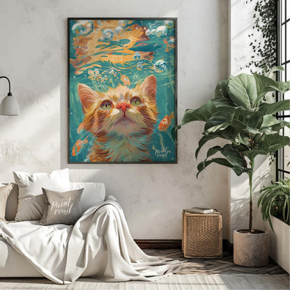 This captivating digital painting presents a unique perspective of a ginger cat looking upwards fro… for living room