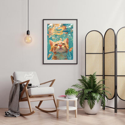 This captivating digital painting presents a unique perspective of a ginger cat looking upwards fro… for living room