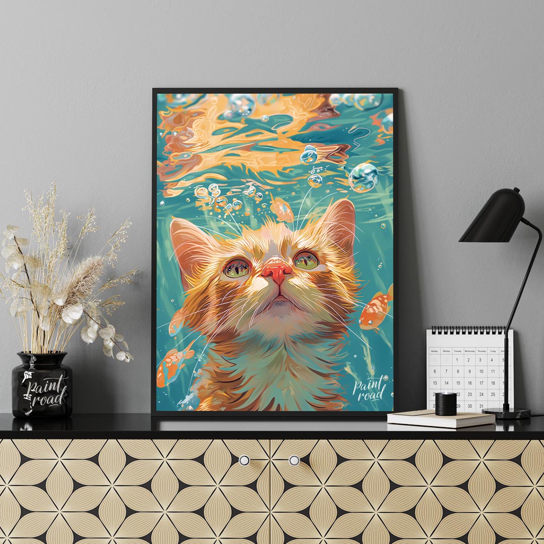 This captivating digital painting presents a unique perspective of a ginger cat looking upwards fro… for office