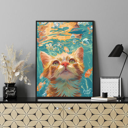 This captivating digital painting presents a unique perspective of a ginger cat looking upwards fro… for office