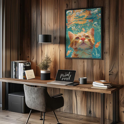 This captivating digital painting presents a unique perspective of a ginger cat looking upwards fro… for office
