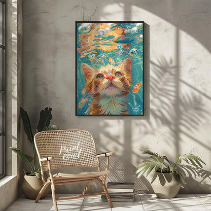 This captivating digital painting presents a unique perspective of a ginger cat looking upwards fro… for other