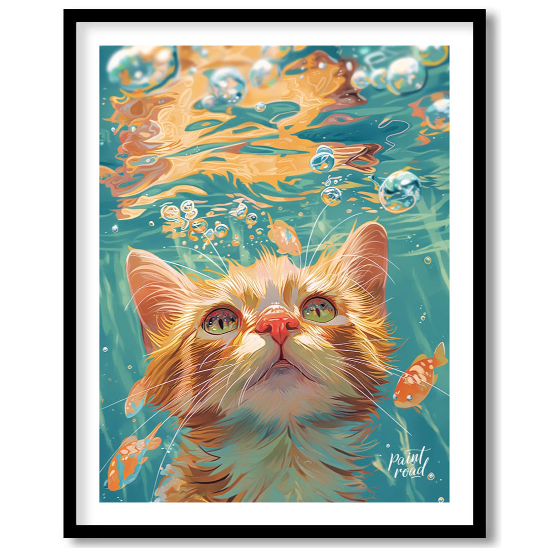 This captivating digital painting presents a unique perspective of a ginger cat looking upwards fro… for place