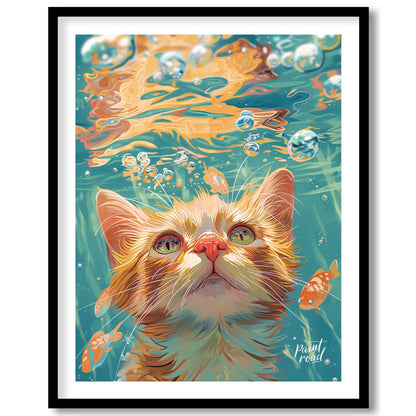 This captivating digital painting presents a unique perspective of a ginger cat looking upwards fro… for place