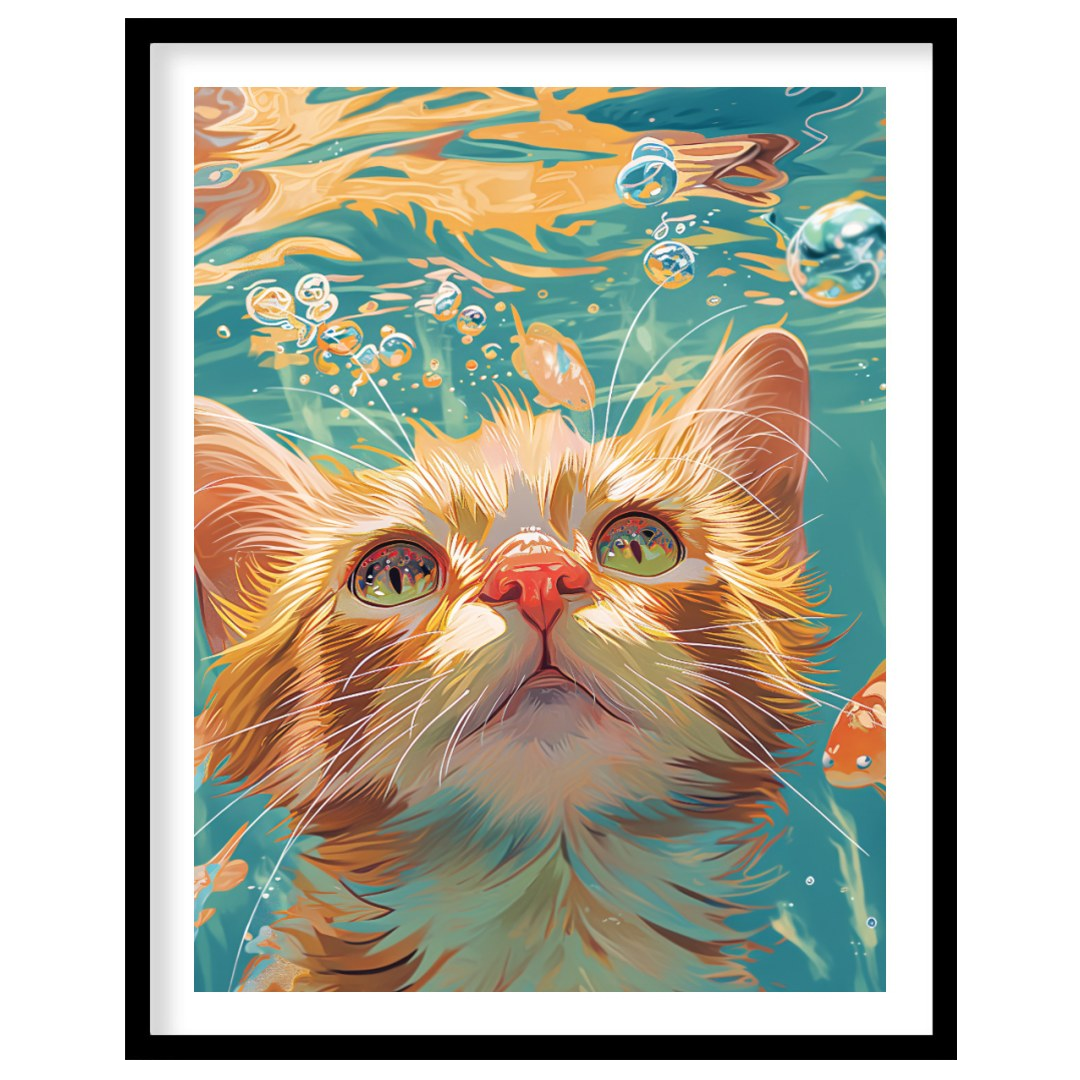 This captivating digital painting presents a unique perspective of a ginger cat looking upwards fro… for place