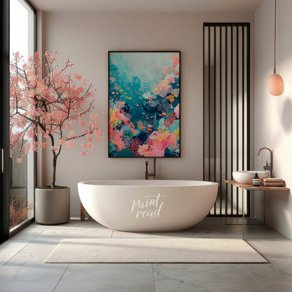 This beautiful painting captures the vibrant beauty of a coral reef teeming with life. A kaleidosco… for bathroom