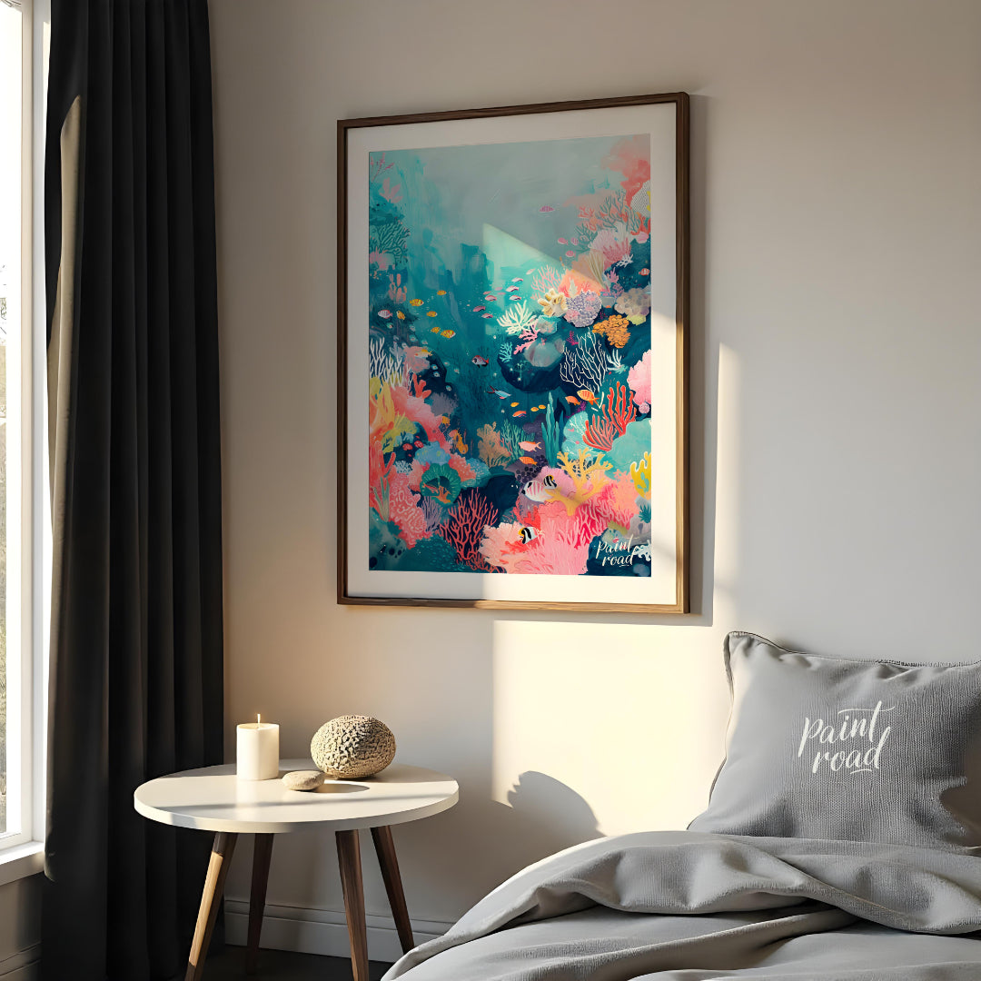 This beautiful painting captures the vibrant beauty of a coral reef teeming with life. A kaleidosco… for bedroom
