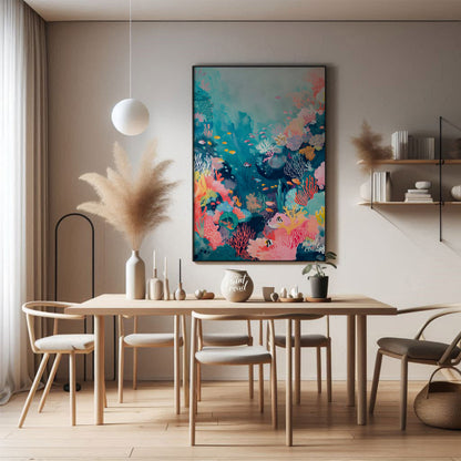 This beautiful painting captures the vibrant beauty of a coral reef teeming with life. A kaleidosco… for dining room