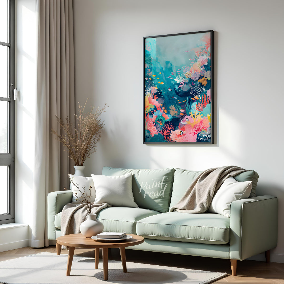 This beautiful painting captures the vibrant beauty of a coral reef teeming with life. A kaleidosco… for living room