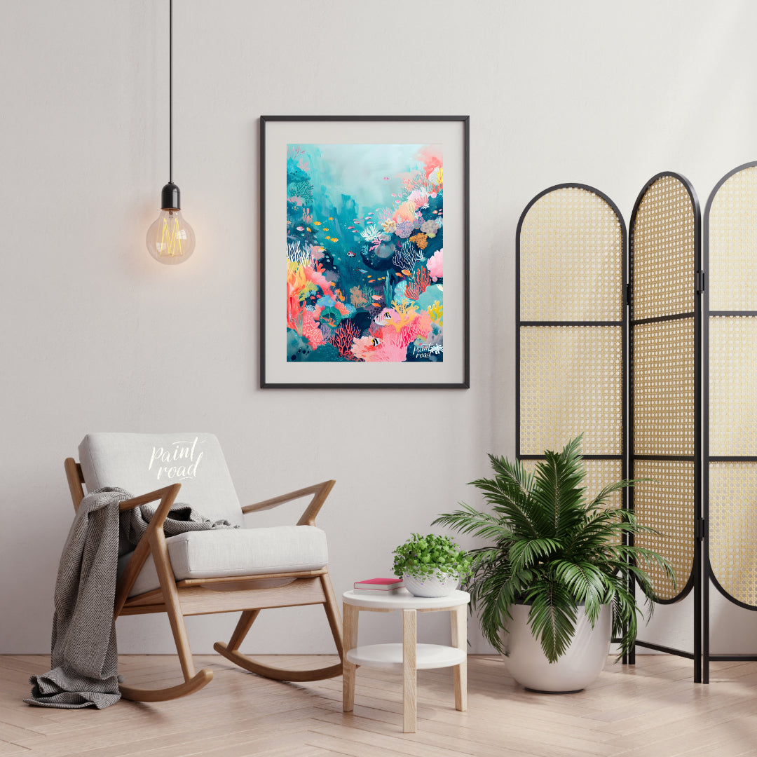 This beautiful painting captures the vibrant beauty of a coral reef teeming with life. A kaleidosco… for living room