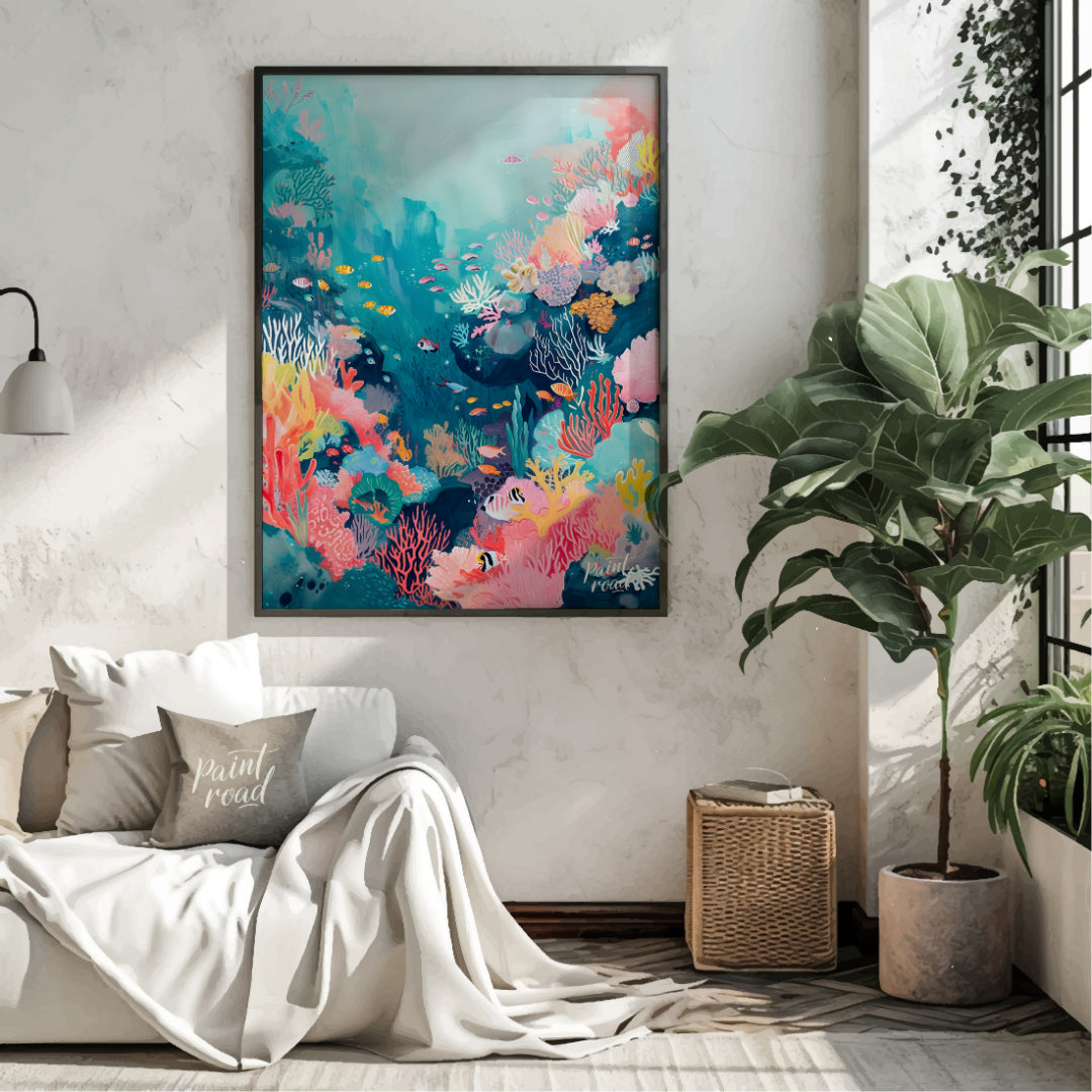 This beautiful painting captures the vibrant beauty of a coral reef teeming with life. A kaleidosco… for living room