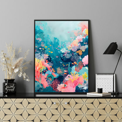 This beautiful painting captures the vibrant beauty of a coral reef teeming with life. A kaleidosco… for office