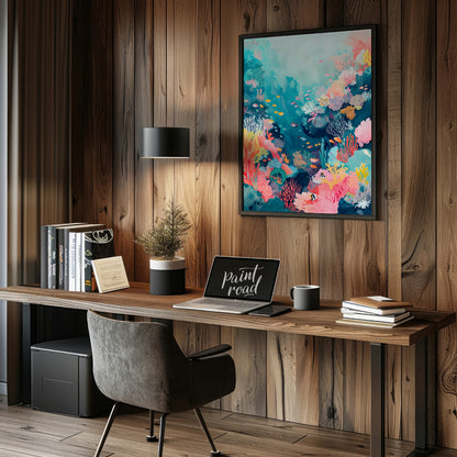 This beautiful painting captures the vibrant beauty of a coral reef teeming with life. A kaleidosco… for office