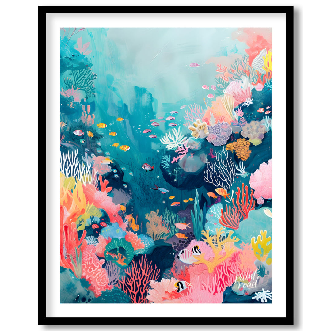 This beautiful painting captures the vibrant beauty of a coral reef teeming with life. A kaleidosco… for room
